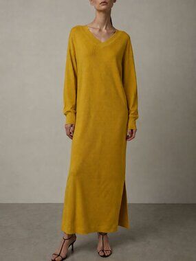 Moussy Maxi Interlock Knit Dress Women Size 2 (Medium) Mustard Yellow White NWOT